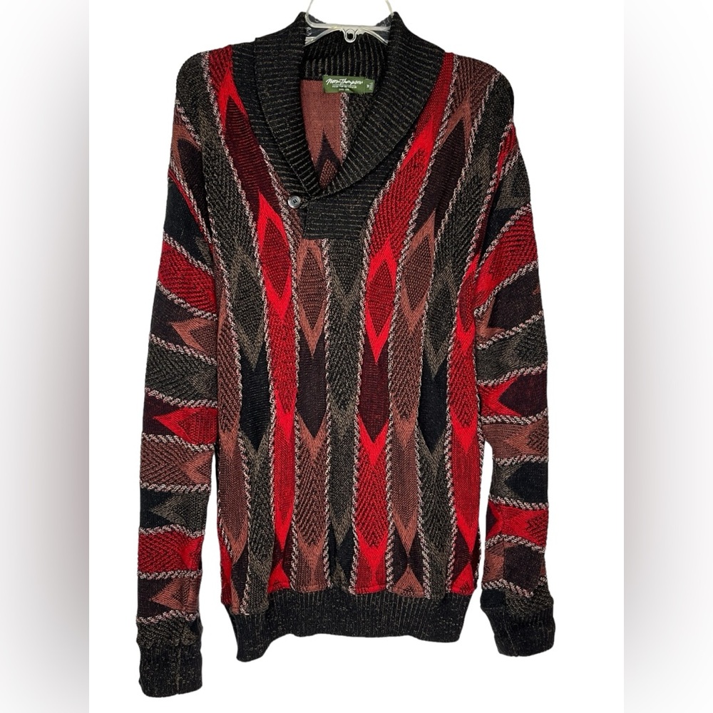 Norm Thompson Sweater Men's Medium Red Black Shawl‎ Collar Cotton Cosby Dad
